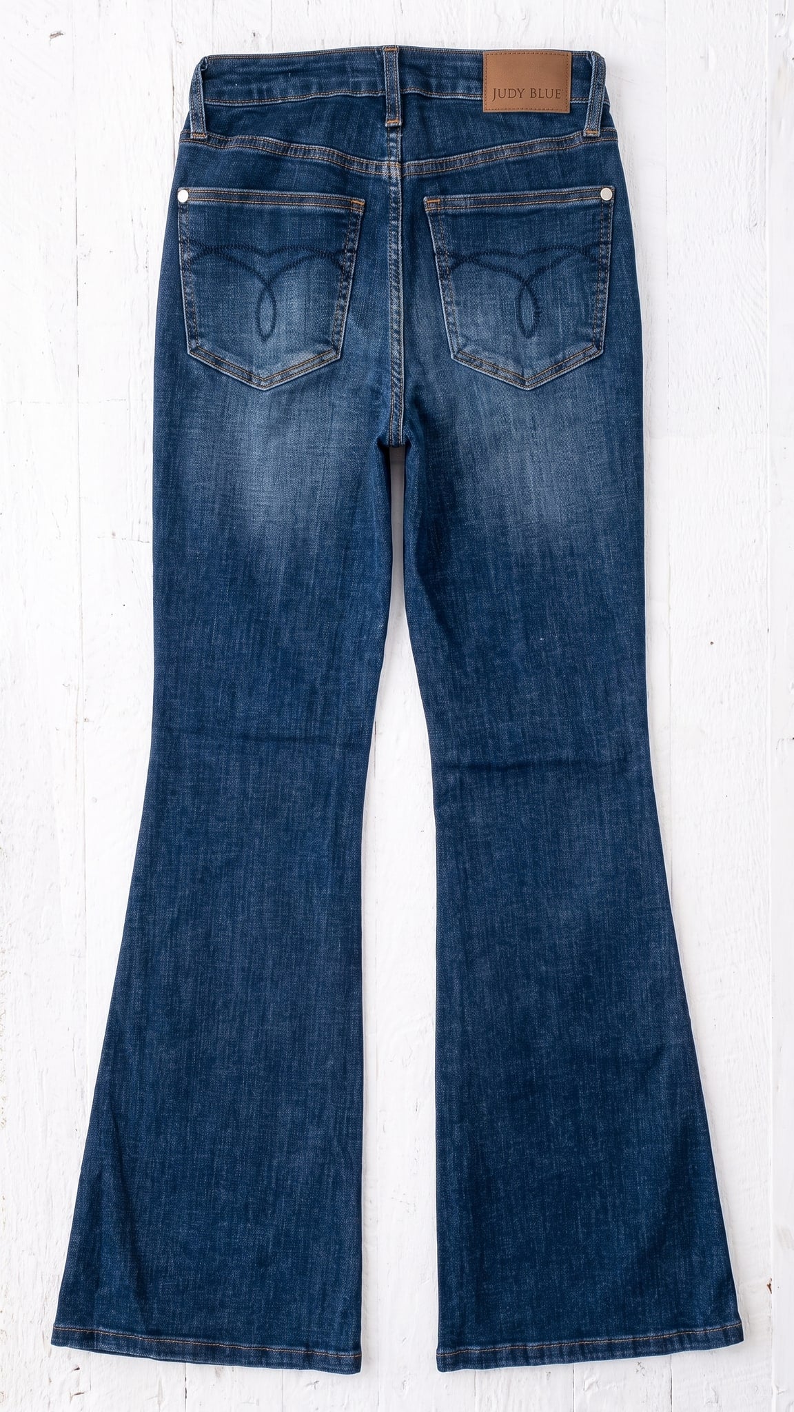 Judy Blue High Waisted Tummy Control Charlotte Flare Jeans | Dark Modern Indigo — Back view