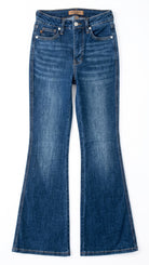 Judy Blue High Waisted Tummy Control Charlotte Flare Jeans | Dark Modern Indigo — Front view