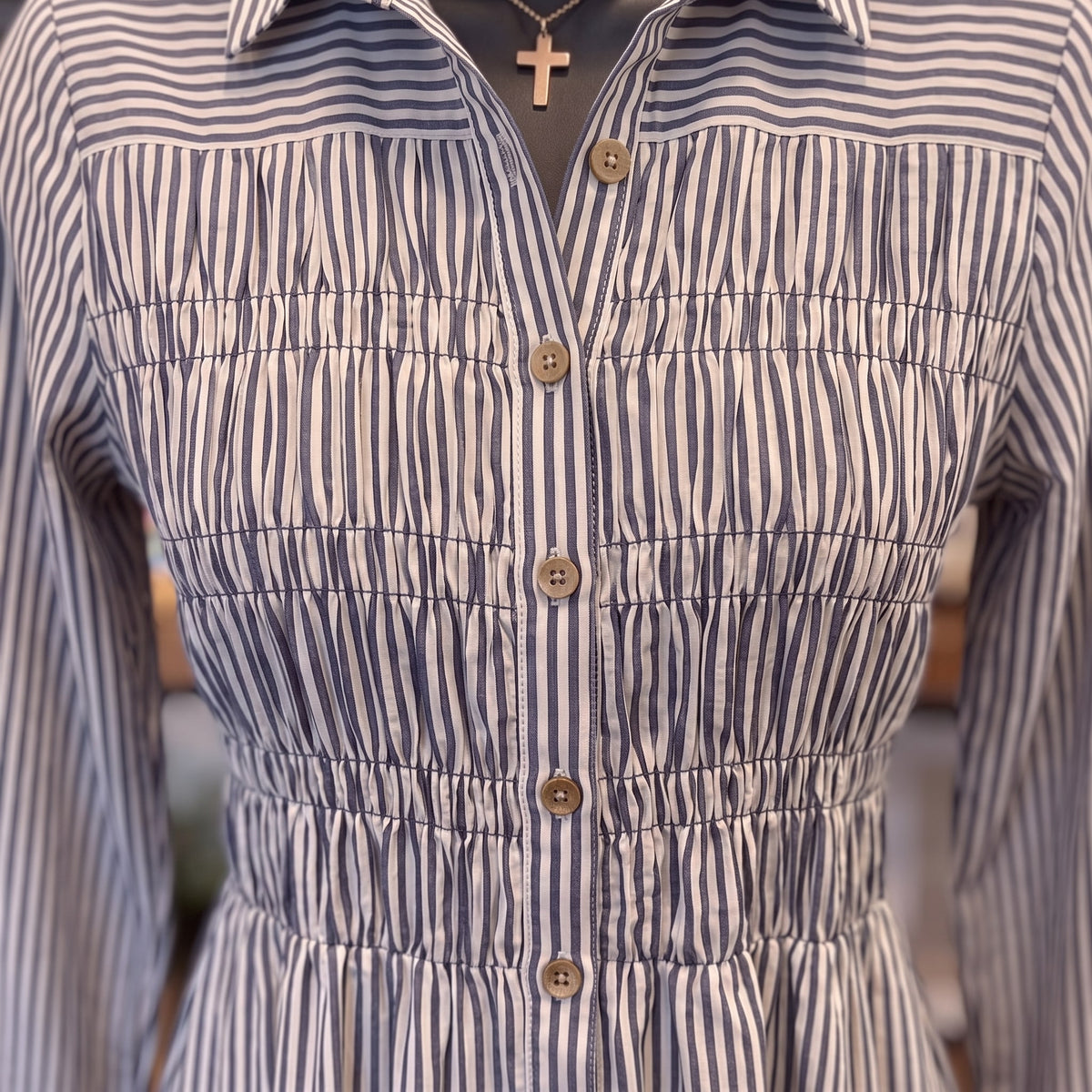 Striped Shirred Shirt Dress | Navy — Detail close-up