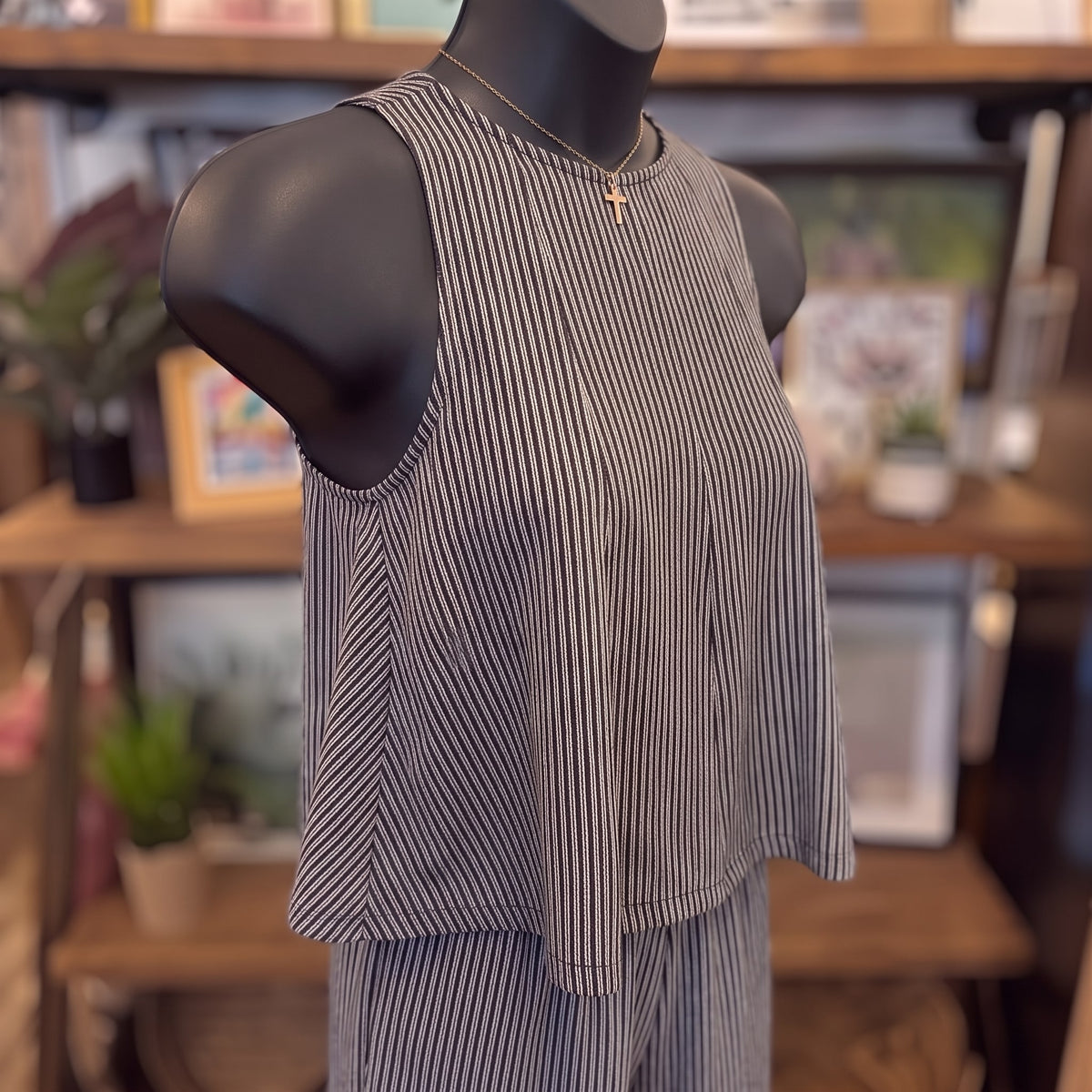 Striped Sleeveless Top | Ash Black — Angled view