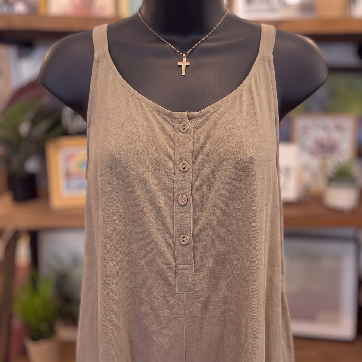 Adjustable Strap Flowy Jumper with Button Detail | Oatmeal — Detail close-up