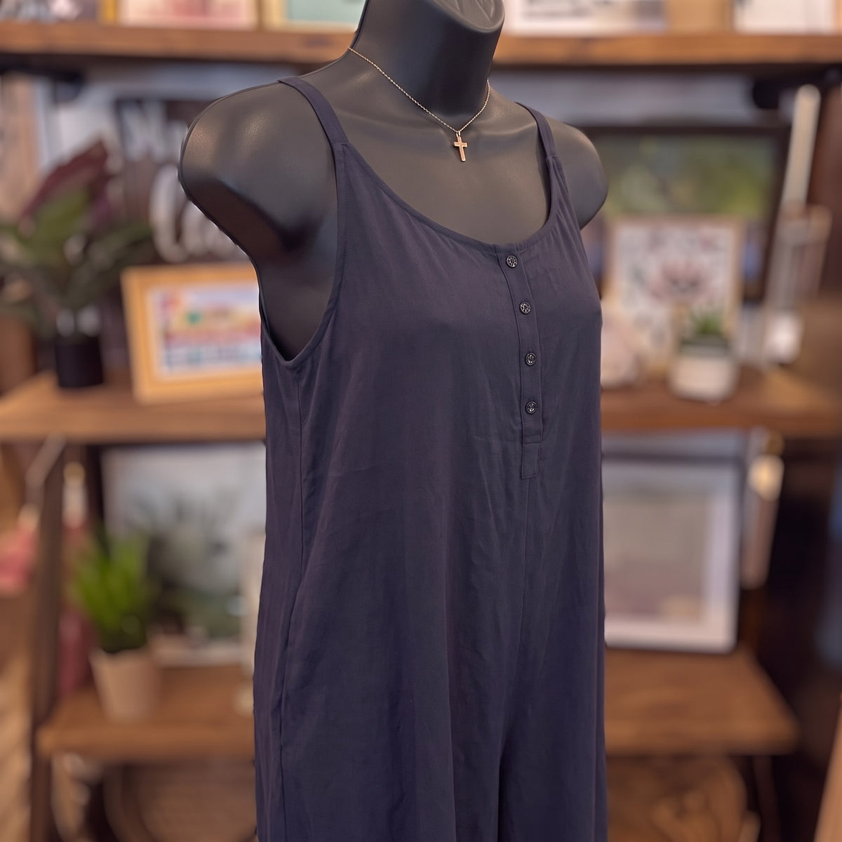 Adjustable Strap Flowy Jumper with Button Detail | Midnight — Angled view