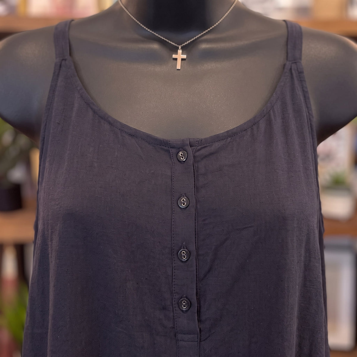 Adjustable Strap Flowy Jumper with Button Detail | Midnight — Detail close-up