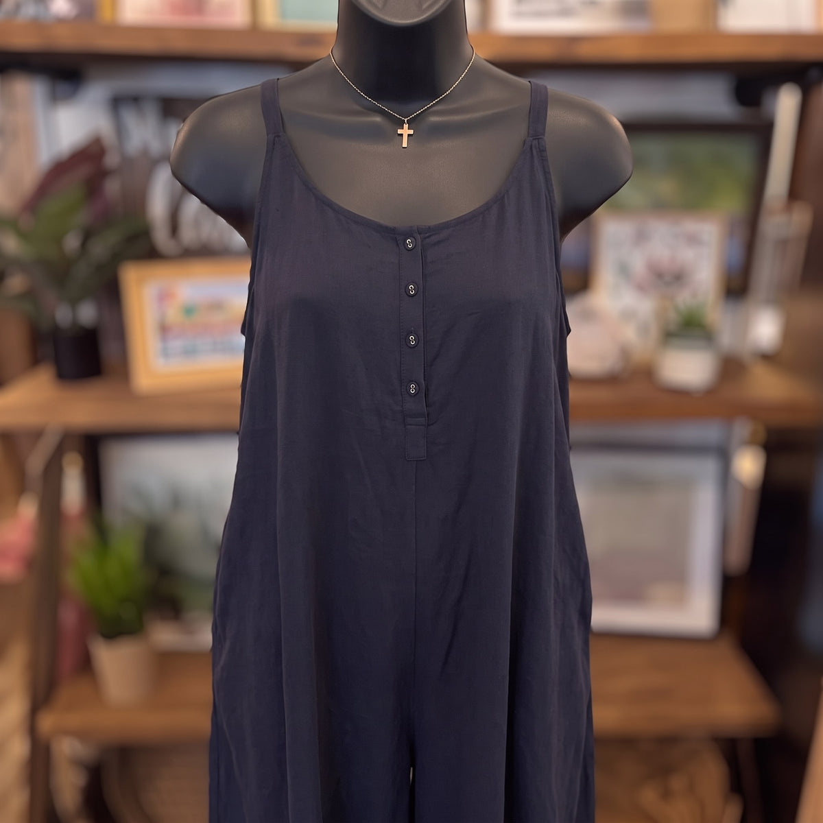 Adjustable Strap Flowy Jumper with Button Detail | Midnight — Front view