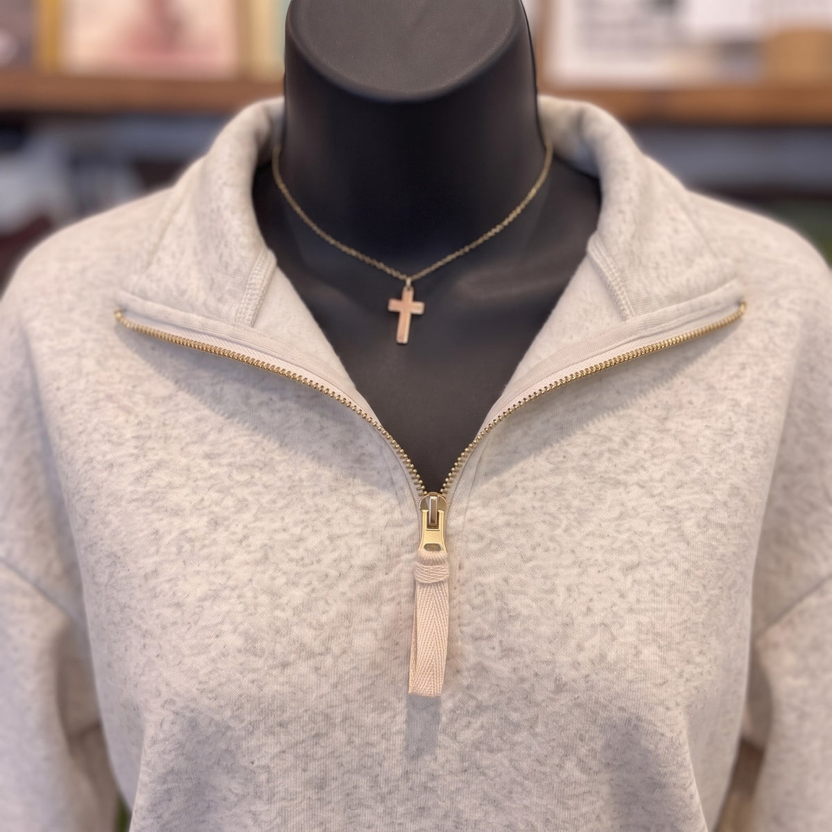 Fleece Half Zip Sweatshirt | Heather Vanilla — Detail close-up