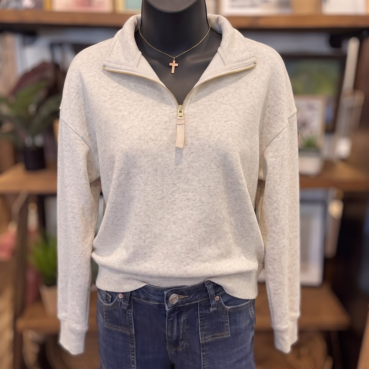 Fleece Half Zip Sweatshirt | Heather Vanilla — Front view
