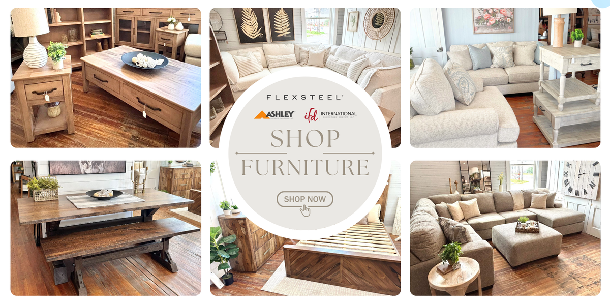 Shop furniture collage of rustic farmhouse sofas, coffee tables and dining sets at Rachel's Rustic Room in Rosebud, MO