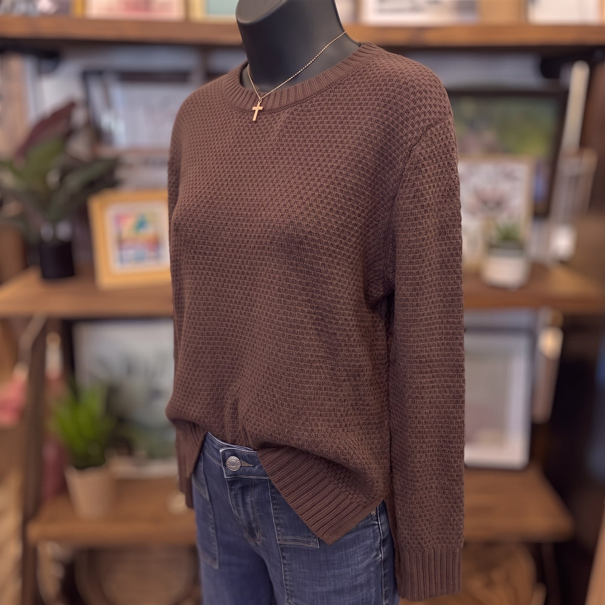 Round Neck Midweight Sweater | Mahogany — Angled view