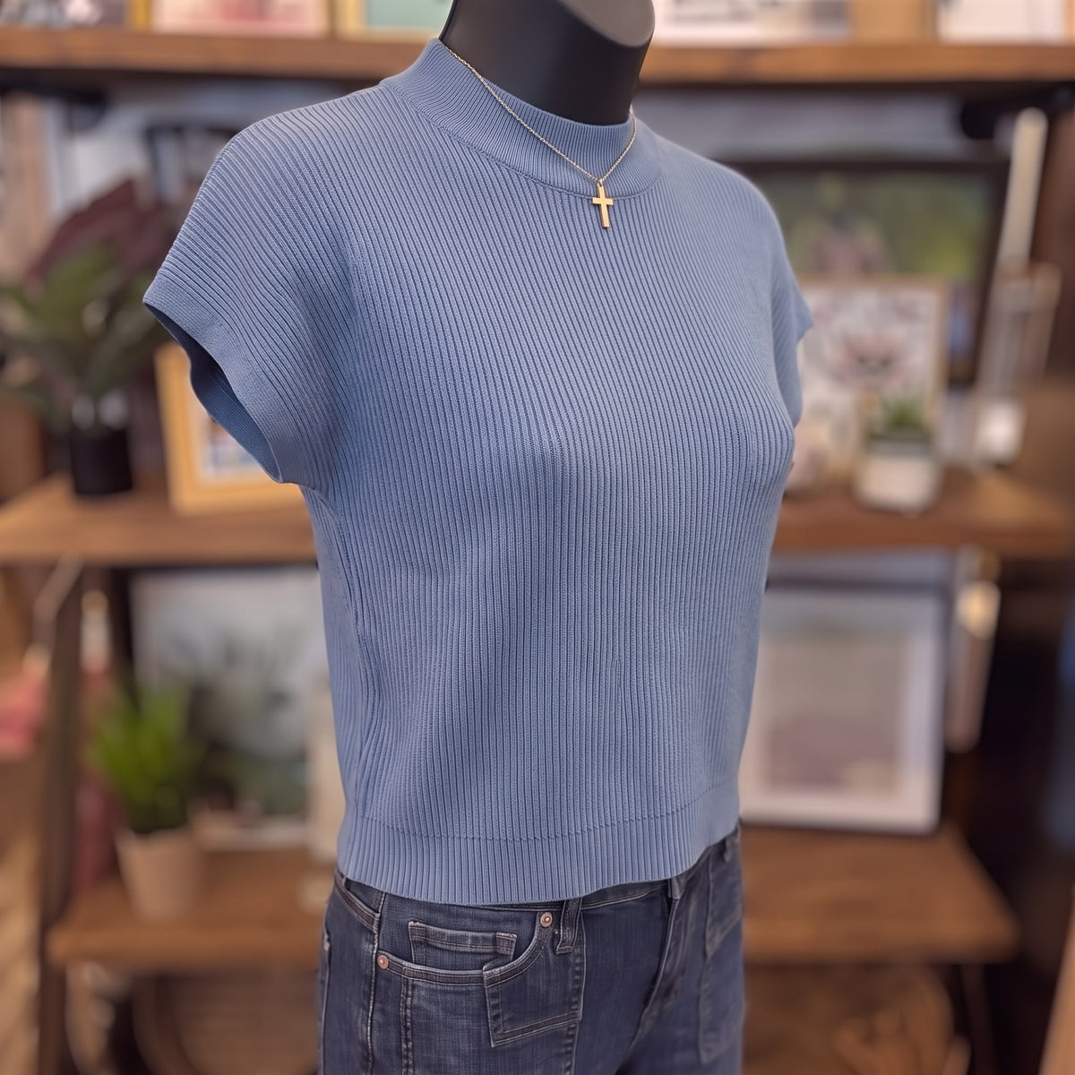 Mock Neck Short Sleeve Sweater | Dusty Blue — Angled view