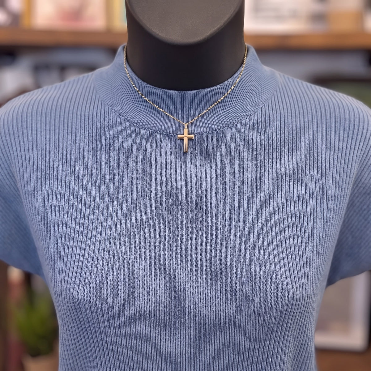 Mock Neck Short Sleeve Sweater | Dusty Blue — Detail close-up