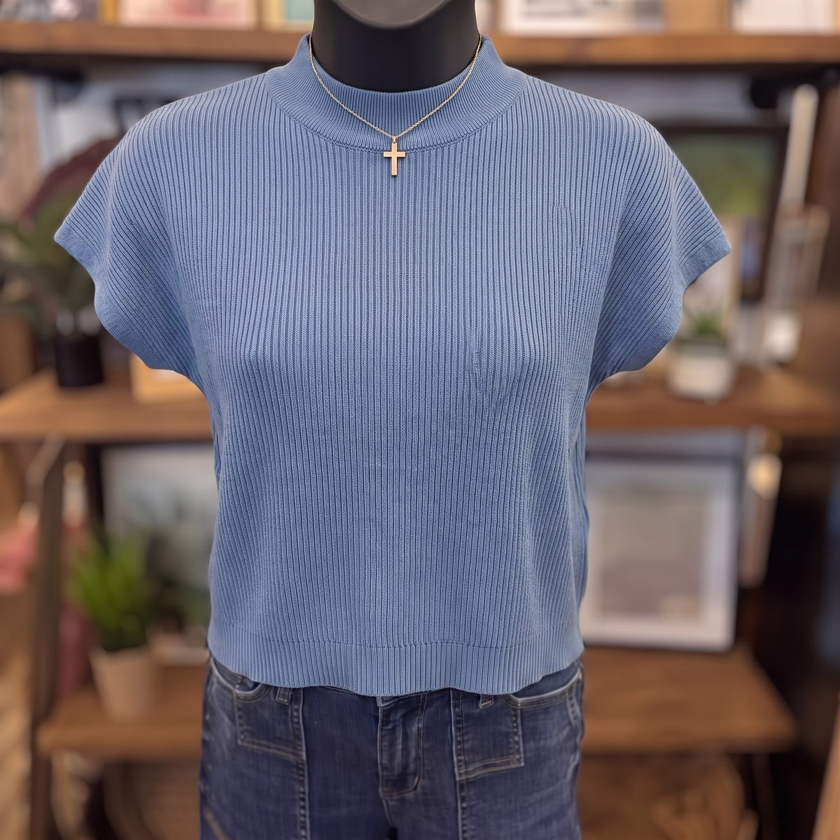 Mock Neck Short Sleeve Sweater | Dusty Blue — Front view