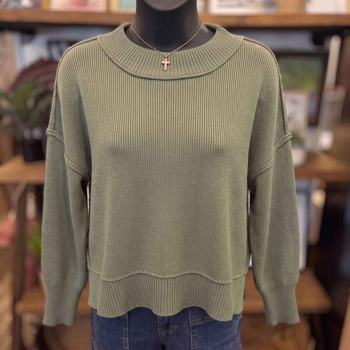 Wide Neck Drop Shoulder Sweater | Light Olive — Front view