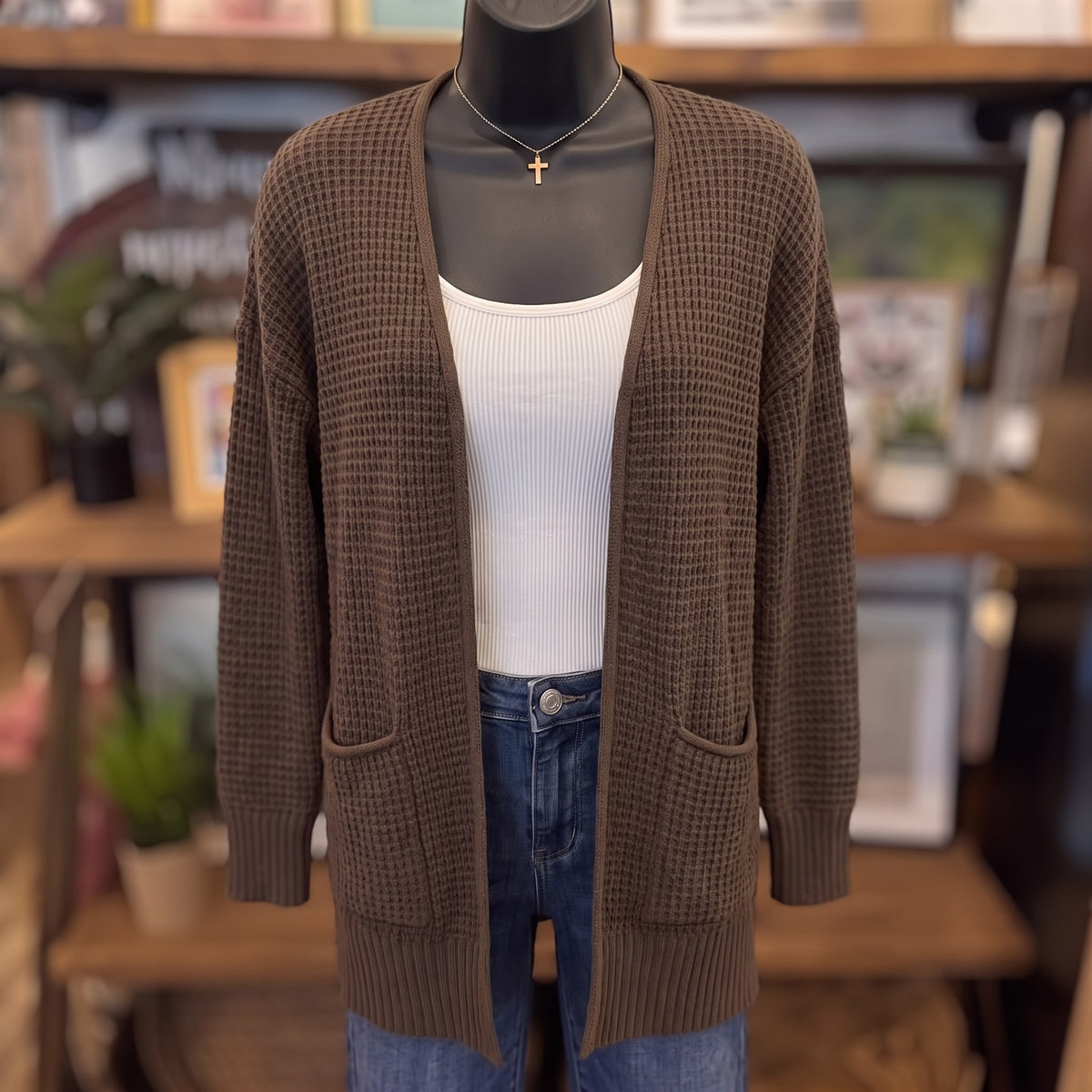 Waffle Knit Open Cardigan | Chocolate — Front view