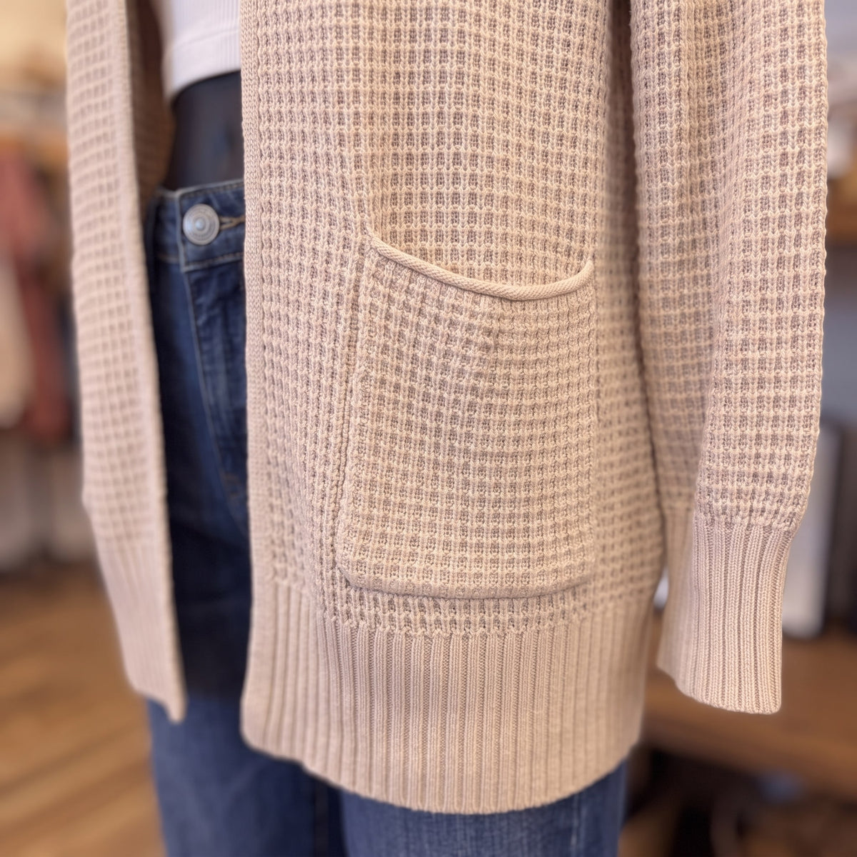 Waffle Knit Open Cardigan | Sand Beige — Detail close-up