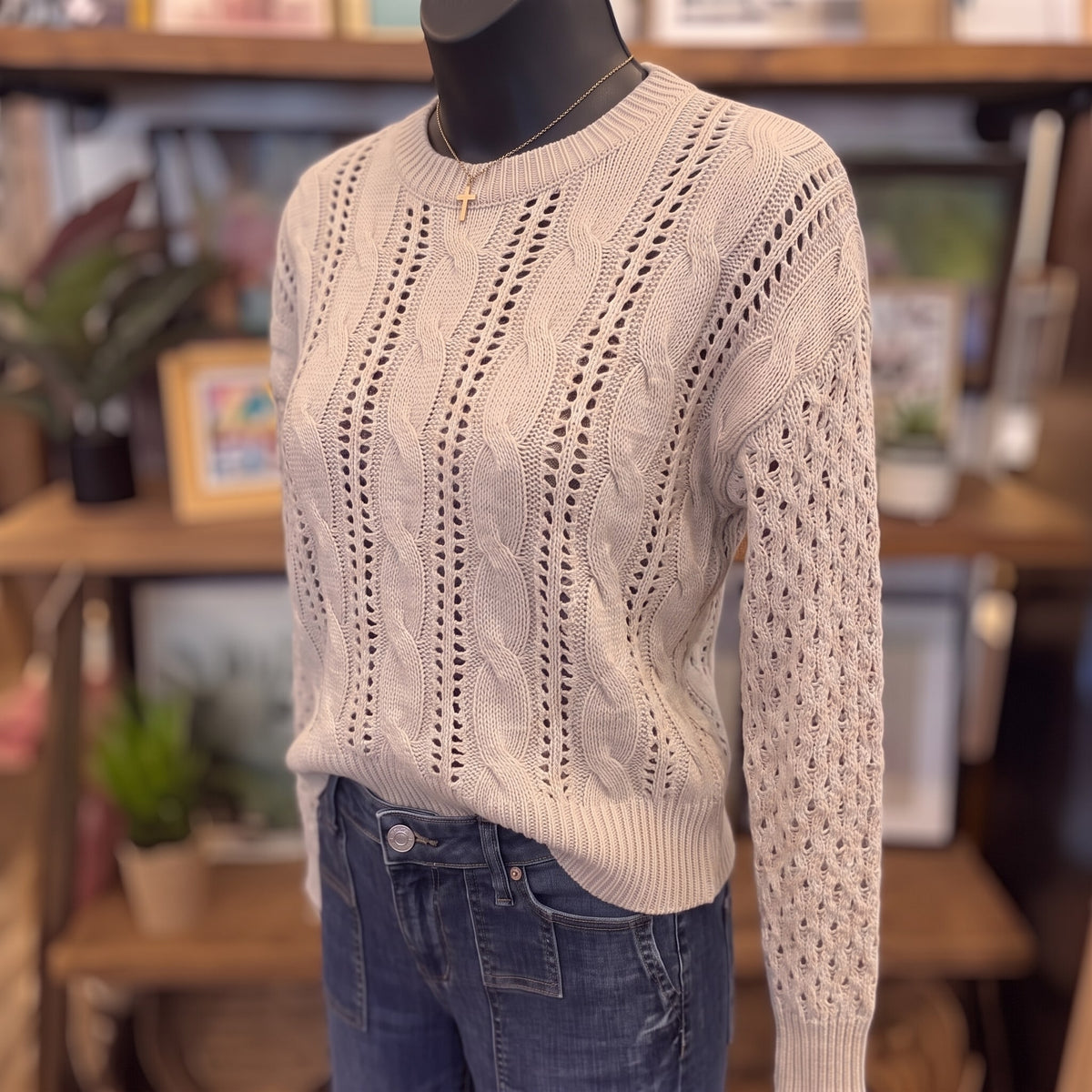 A Note of Thanks Cable Knit Sweater on mannequin