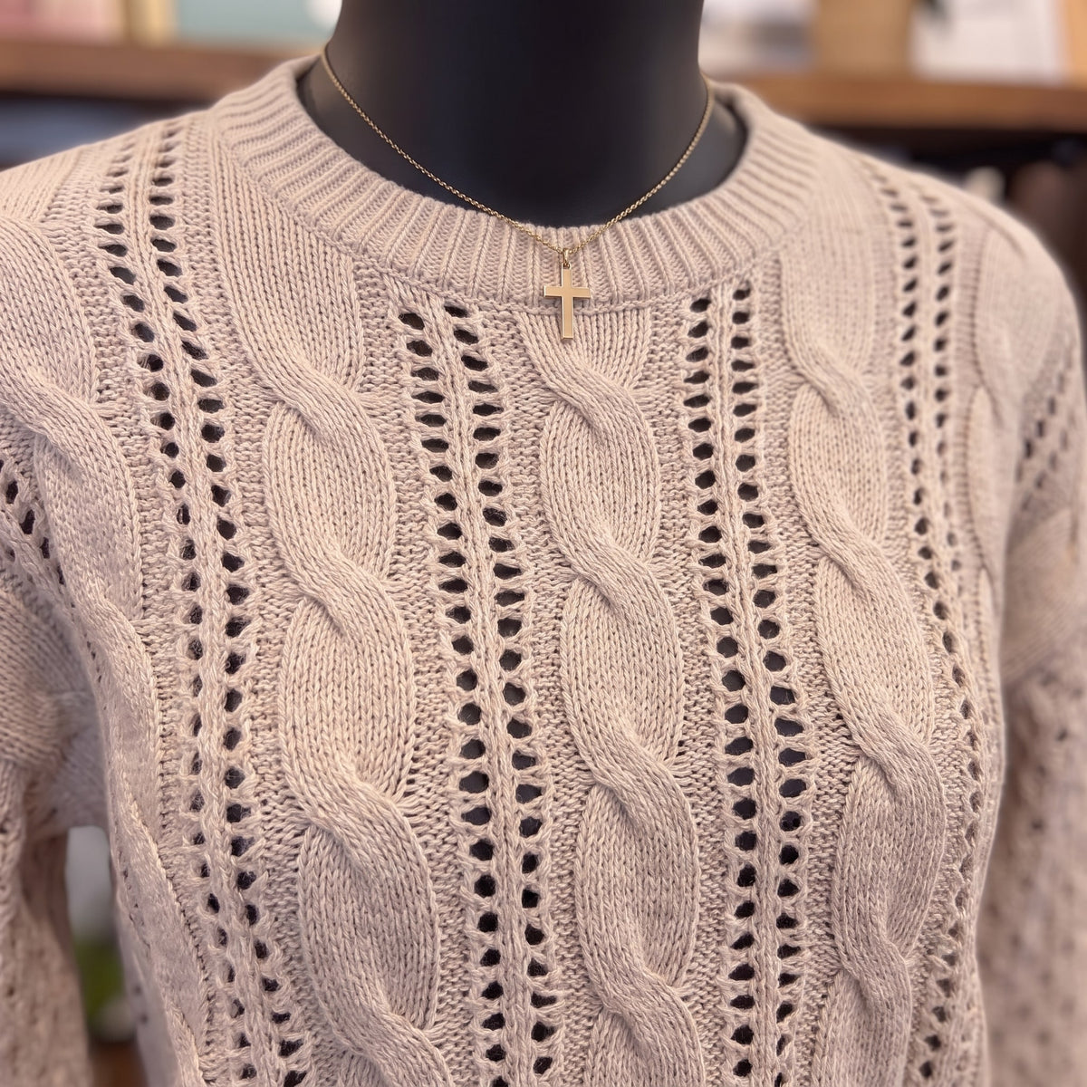 A Note of Thanks Cable Knit Sweater on mannequin
