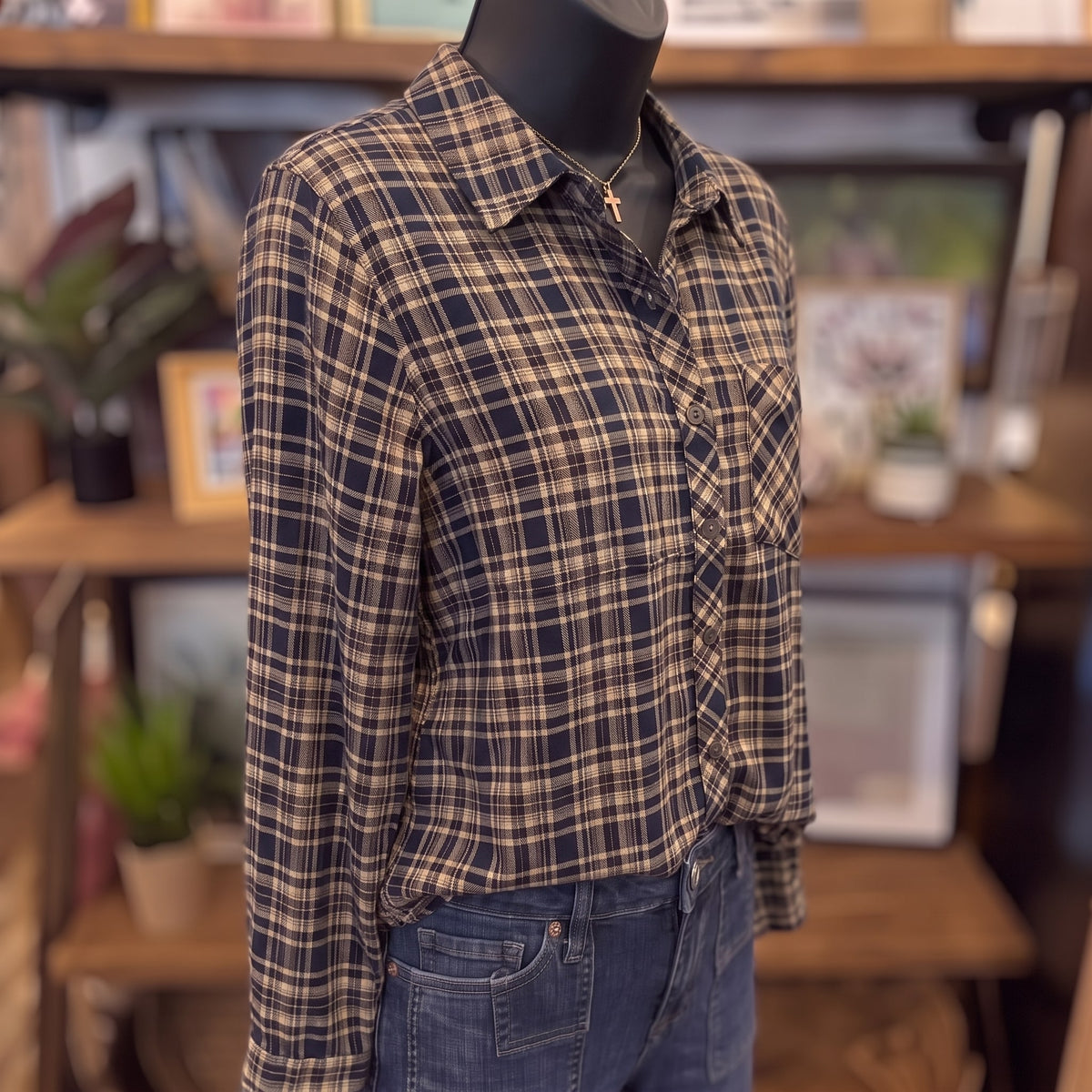 Be Cool Plaid Flannel Shirt in indigo and tan plaid on a mannequin, side angle view