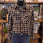 Be Cool Plaid Flannel Shirt in indigo and tan plaid on a mannequin, front view with bias-cut placket and chest pocket