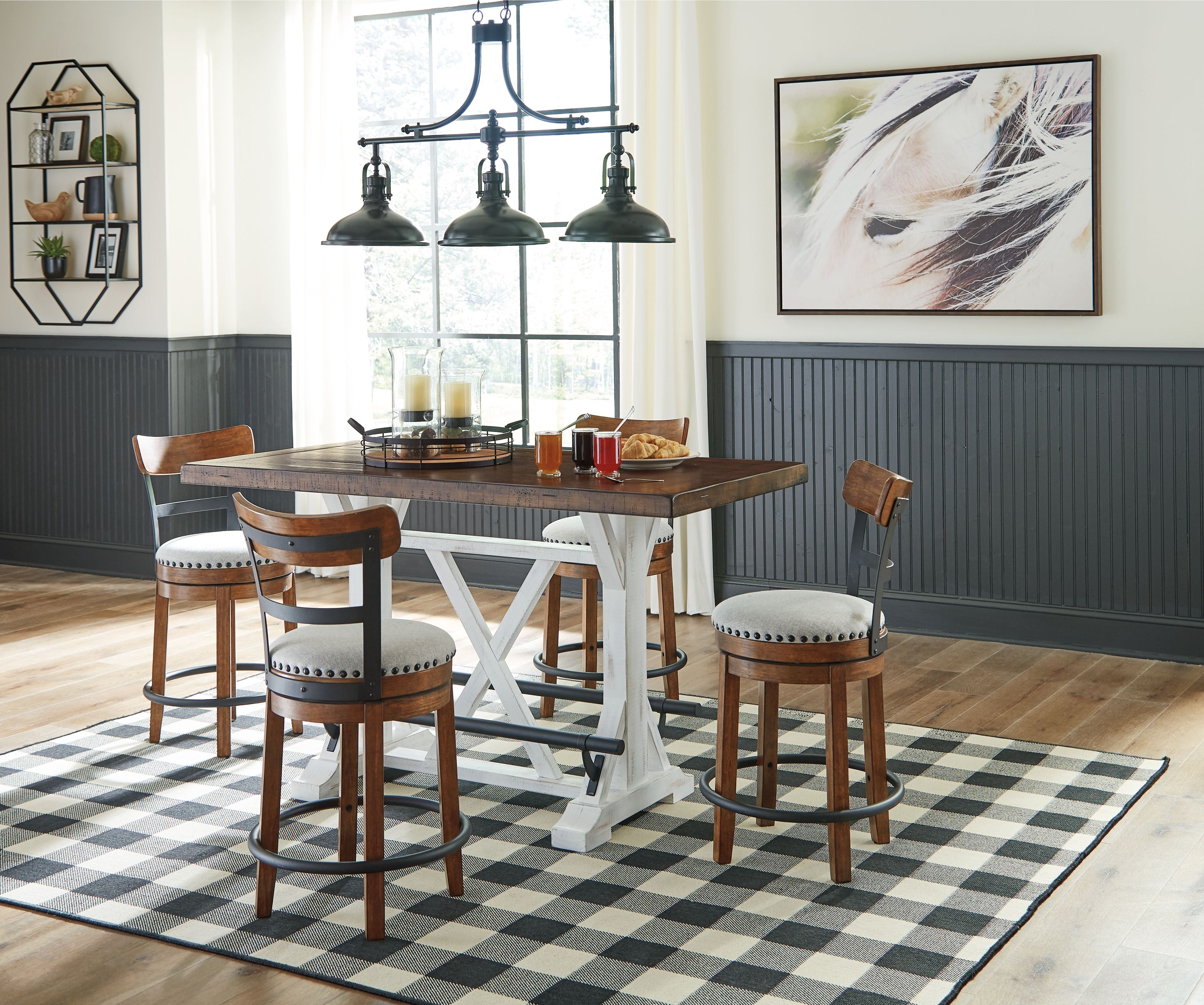 Farmhouse dining table and chairs with black and white buffalo check rug
