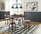 Farmhouse dining table and chairs with black and white buffalo check rug