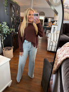 Judy Blue High Waisted Petite Retro Wide Leg with Curve Coin Pocket | Light — Worn by model