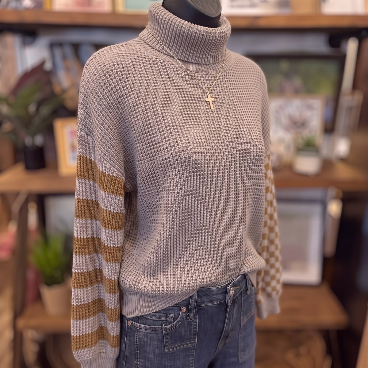 Super Seasonal Patchwork Waffle Knit Sweater on mannequin