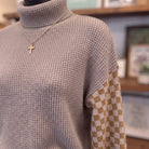 Super Seasonal Patchwork Waffle Knit Sweater on mannequin